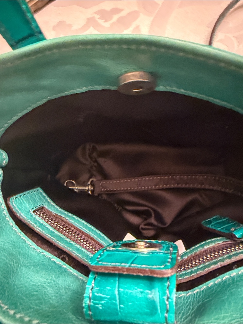 Teal Croc-Embossed Italian Leather Mini Tote with Crossbody Strap - Picture 6 of 7